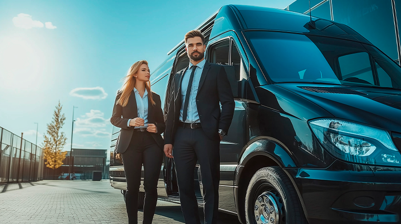 Profesionales junto a van ejecutiva para hacer traslados en Ibiza. Transporte premium en Ibiza para grupos y eventos.