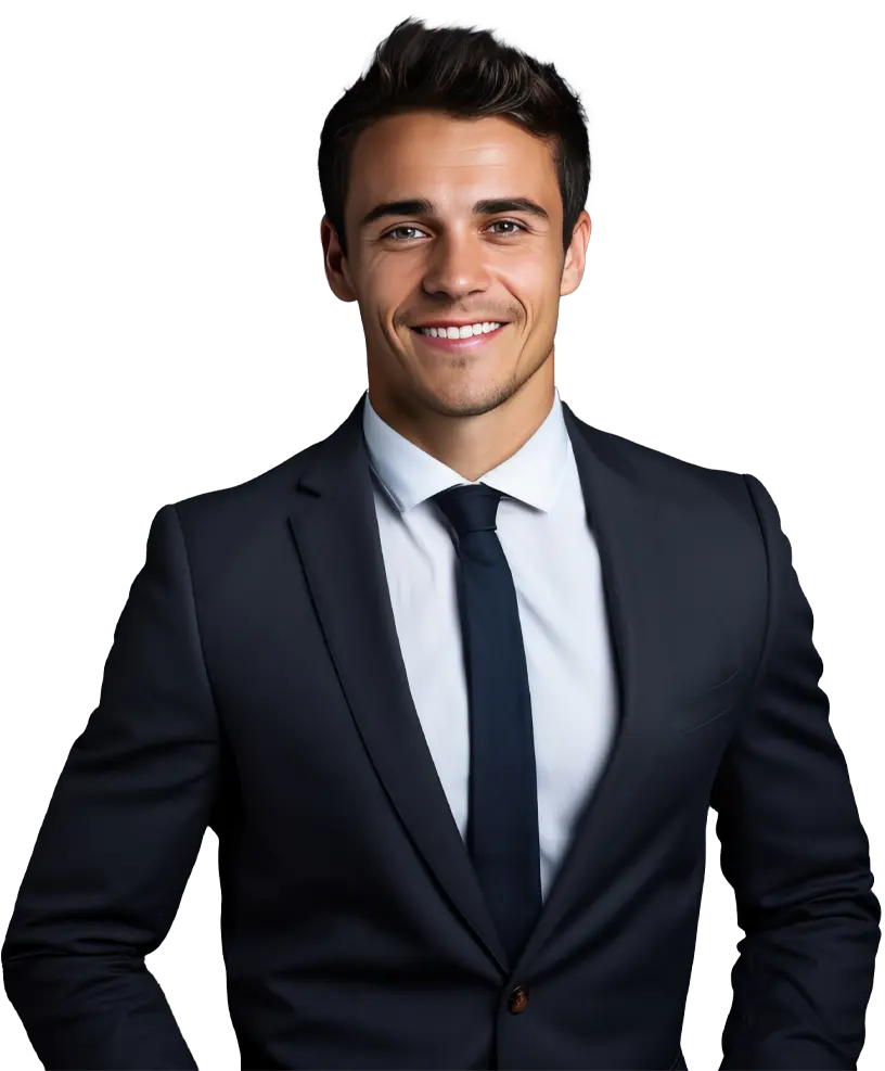 Retrato de conductor profesional con traje y sonrisa amigable. Representación visual del equipo humano detrás del servicio VIP en Ibiza.