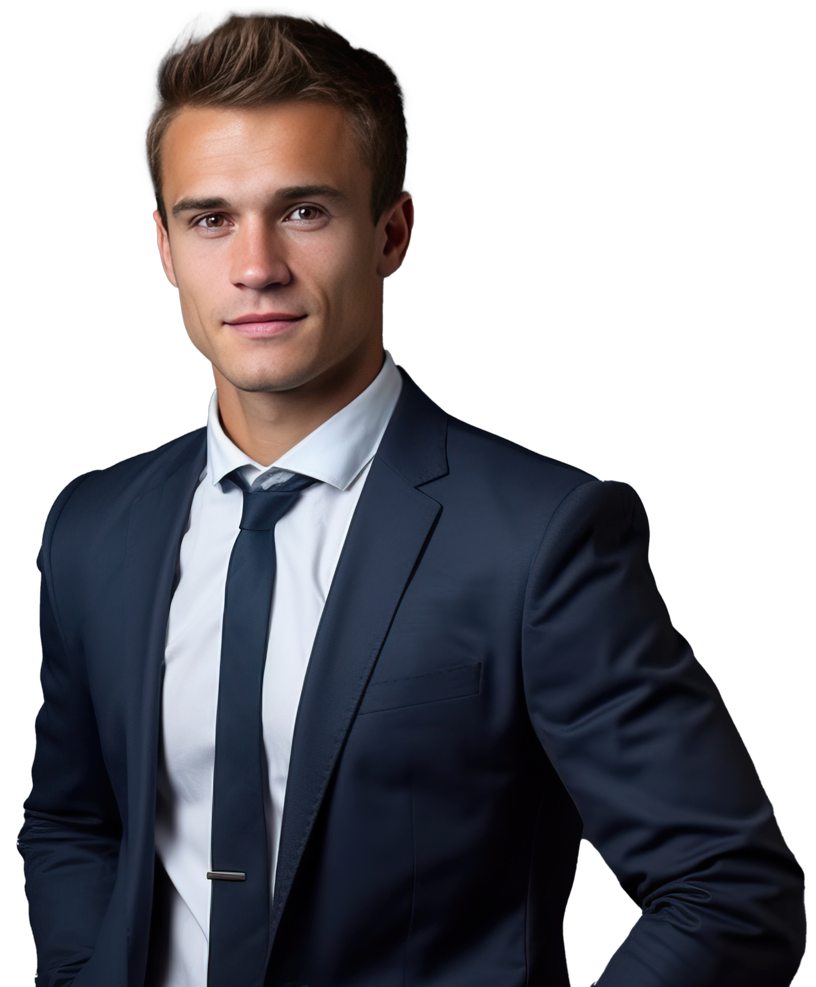 Joven profesional con traje elegante en fondo neutro. Atención personalizada y profesionalismo en servicios de transporte privado.