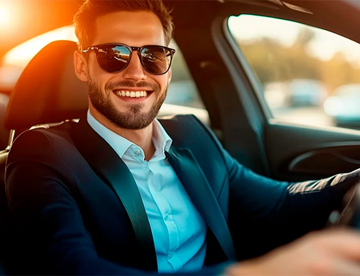 Servicio exclusivo en Barcelona con atención personalizada Profesional sonriente dentro de su vehículo.