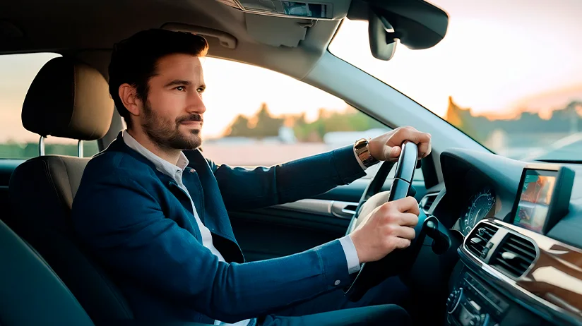 Hombre elegante conduciendo un coche moderno al atardecer Viaje con total confort y profesionalismo.