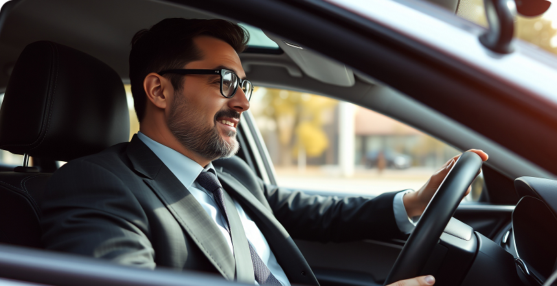 Hombre conduciendo sonriente en vehículo moderno y elegante. Conducción relajada y segura. Reflejo del servicio personalizado y amable que ofrece Ride n Vibe
