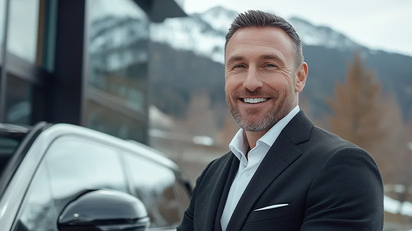 Conductor sonriente en entorno de montaña, junto a SUV de lujo. Servicio privado en destinos exclusivos de invierno.