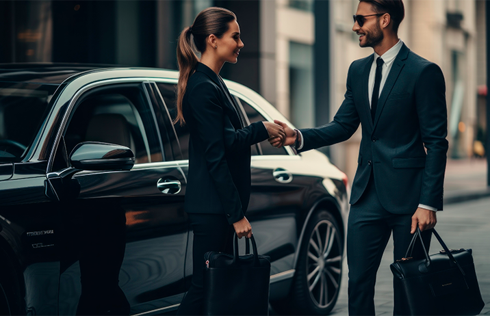 Ejecutivos estrechando manos junto a coche de alta gama. Profesionalismo y confianza en cada encuentro.