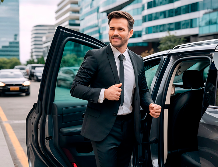 Hombre saliendo de vehículo ejecutivo en entorno urbano moderno. Llegada puntual y elegancia que garantiza el servicio de taxi VIP en Ibiza.