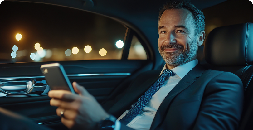 Movilidad exclusiva en Palma para reuniones, cenas o vuelos. Hombre de negocios disfrutando un traslado nocturno en vehículo premium.