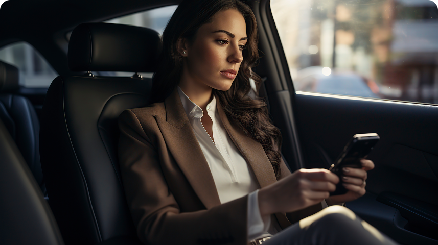 Mujer de negocios revisando su móvil en la parte trasera de un coche de lujo. Viaje cómodo y discreto por Palma con conductor con total profesionalismo.