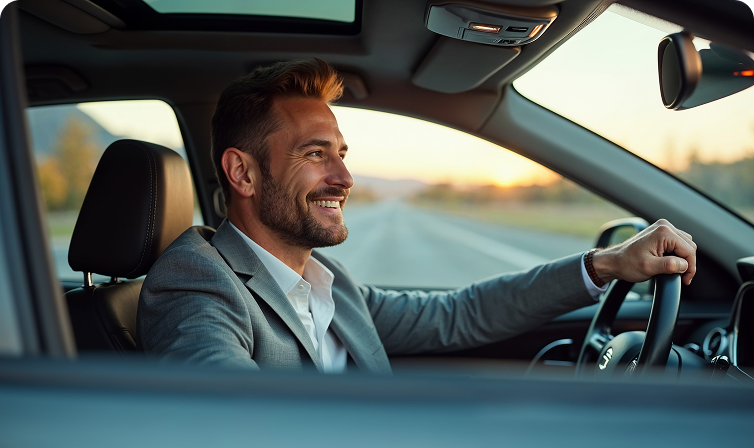 Hombre elegante conduciendo en ruta por el norte de España.