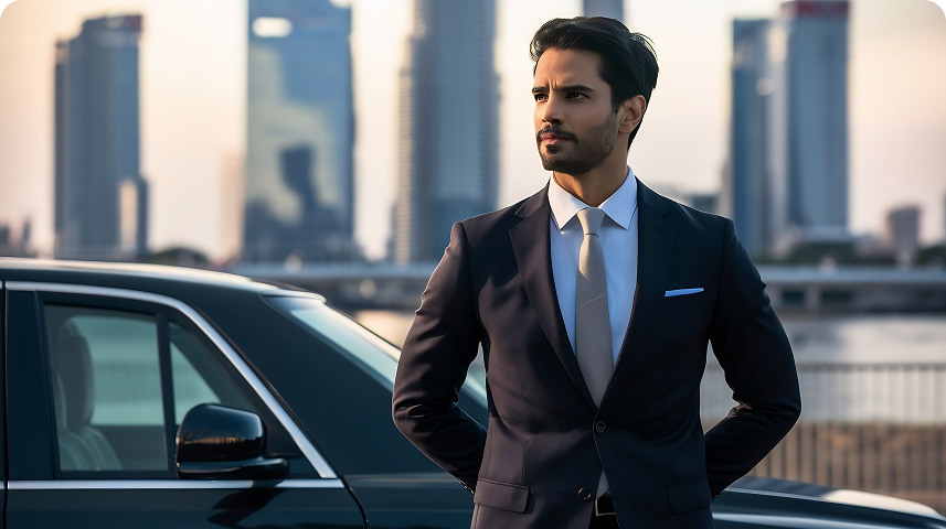 Hombre elegante posando junto a vehículo de alta gama con fondo urbano. Servicio de transporte personalizado en Palma.