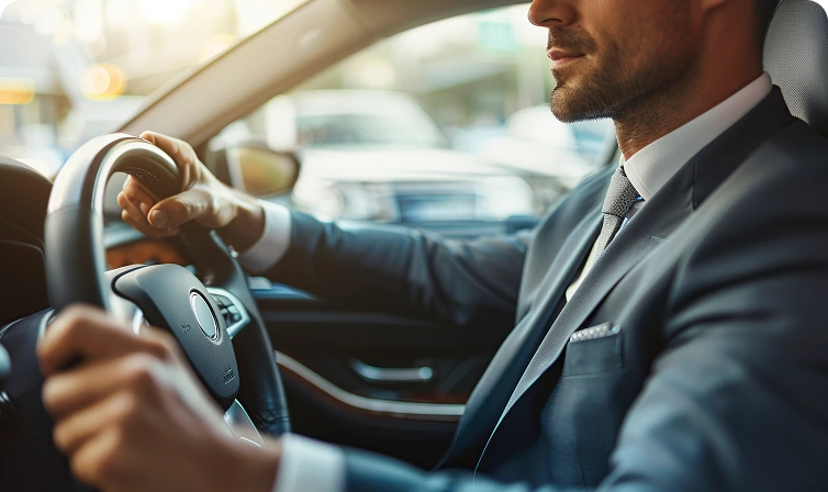 Experiencia de conducción premium para ejecutivos Hombre elegante al volante de coche ejecutivo.